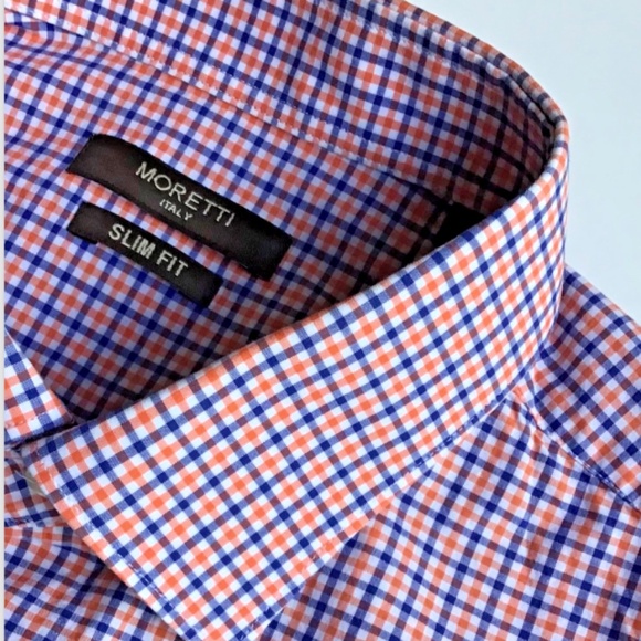 Moretti Italy slim fit navy & red checkered cotton dress shirt Sz XL - Picture 1 of 10